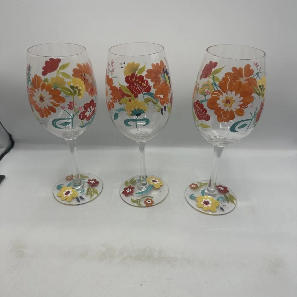 Pier 1 Hand Painted Spring Floral Wine Glasses (3) 9-1/2